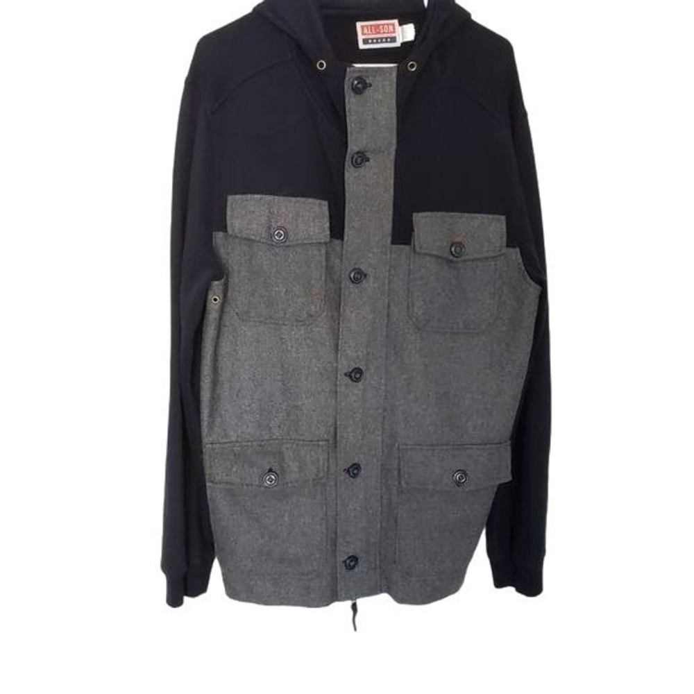 All-Son Mens Gorp Utility Military Hooded Wool Blend Jacket L Navy Gray Workwear